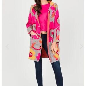 Davi & Dani Womens L Pink Happy Flowers Button Up Long Boho Cardigan Sweater